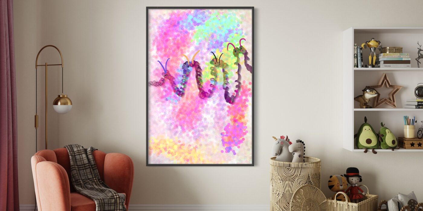 Kids Nursery Wall Art, Caterpillar Colorful Abstract Art, Girls Room Little Boys Room Kids Room Nursery Decor